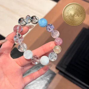 Natural Azeztulite Aquamarine Rose Quartz Snow Phantom Crystal Beaded Ball Bracelet