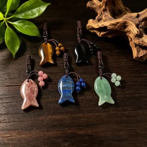 Natural Blue Gold Stone Fish Pendant Keyring and Stone Keychain Charm