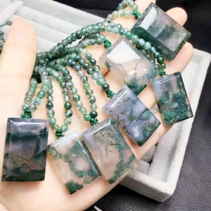 Natural Crystal Amulet Moss Agate Stone Bead Necklace Pendant Jewelry