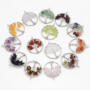 Natural Crystal Chip Tree of Life Pendant 7 Chakra Wishing Tree Charm for DIY Jewelry Making Necklace Accessories