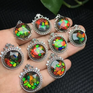 Natural Crystal Gemstone Ammonite Necklace Colorful Gemstone 925 Sliver Pendant