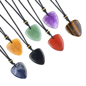 Natural Crystal Guitar Pick Charm Necklace, Unisex, Personalized Bamboo, Adjustable