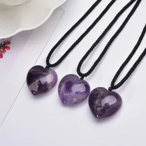 Natural Crystal Heart Shape Charm Pendant Amethyst Gemstone Necklace Reiki Healing Quartz Crystal Heart Pendant