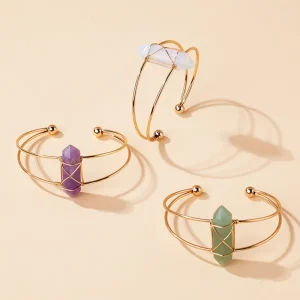 Natural Crystal Hexagonal Point Wire-Wrapped Open Cuff Gold-Plated Healing Stone Bracelet for Women