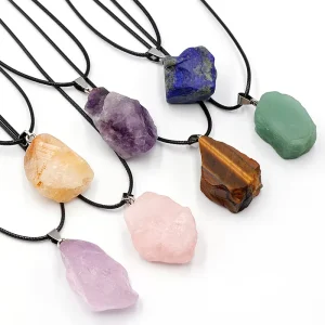 Natural Crystal Irregular Raw Stone Pendant Necklace with Stainless Steel Setting