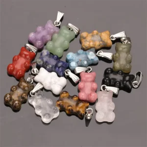 Natural Crystal Mini Animal Carving Teddy Bear Pendant Charms for Necklace Jewelry Making