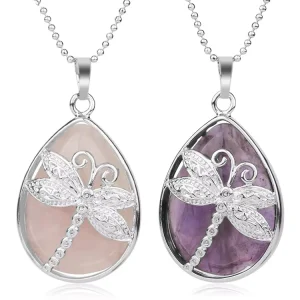 Natural Crystal Quartz Dragonfly Angel Tears Pendant Necklace