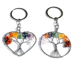 Natural Crystal Rainbow Chips Life Tree Heart Chakra Yoga Religious Jewelry Keychain Pendant Charm