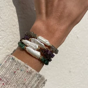 Natural Crystal Rectangle Freshwater Pearl Women’s Boho Gemstone Bracelet