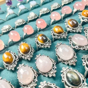 Natural Crystal Rose Quartz Moss Agate Aquamarine Moonstone Gemstone Ring