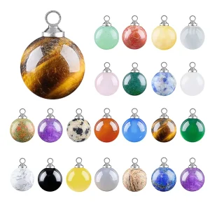Natural Crystal Sphere Pendant, 10mm Polished Round Gemstone, Amethyst Rose Quartz Tiger Eye, DIY