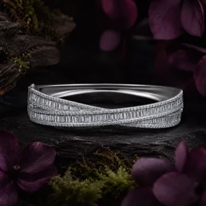 Natural Diamond X-Design 18K White Gold Twisted Pavé Bangle Bracelet 4.04CT