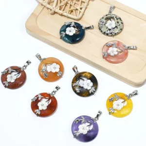 Natural Donut Semi Precious Stone Buckle Flower Crystal Pendant Necklace for Jewelry Gift Charms Making Supplies