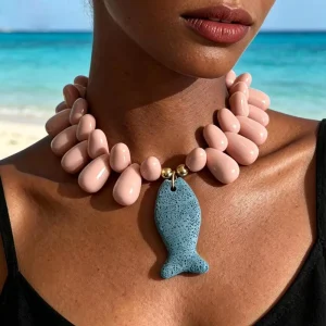Natural Fire Mountain Stone Starfish Necklace with Small Fish Pendant