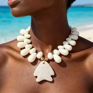 Natural Fire Mountain Stone Starfish Necklace with Small Fish and White Fish