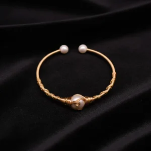 Natural Freshwater Baroque Pearl Bracelet, Gold Plated, Emerald Inlaid