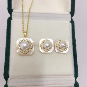 Natural Freshwater Button Pearl Pendant Necklace and Stud Earrings with Zircon Accents, 2-Piece Set for Women