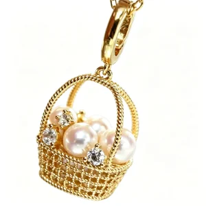 Natural Freshwater Pearl Basket Pendant Necklace with Basket-Shaped Charm and Chain
