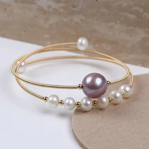 Natural Freshwater Pearl Bead Cuff Opening Bangle Bracelet Adjustable for Women