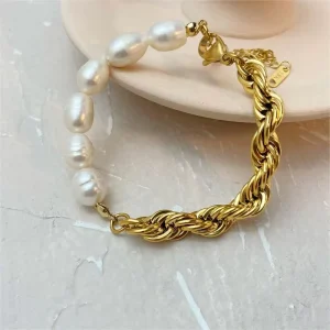 Natural Freshwater Pearl Bracelet Antique Jewelry Fried Dough Twists Rope Chain Splicing Stainless Steel Gold plated Bracelet