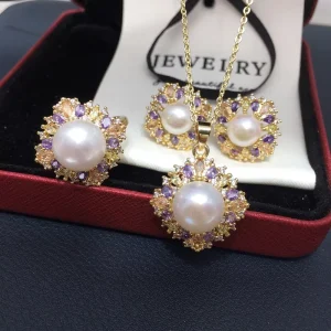 Natural Freshwater Pearl Jewelry Set with Zircon Inlay
