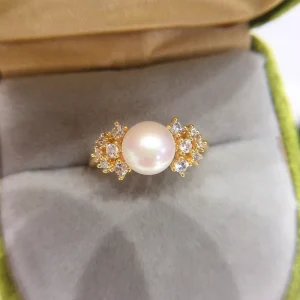 Natural Freshwater Pearl Ring for Women, 18K Gold Plated, Color Protecting Micro-Inlay