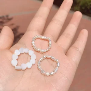 Natural Freshwater Pearl Ring with Retro Shell Heart Design, Elastic, Handmade Beaded