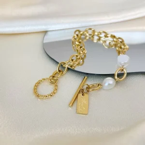 Natural Freshwater Pearl Titanium Steel Thick Chain OT Buckle Bracelet for Girls