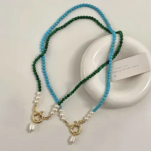 Natural Freshwater Pearl Turquoise Necklace for Women, Hand-Knot Chain