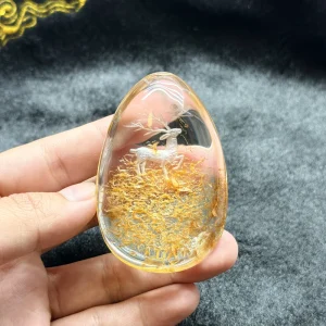 Natural Golden Rutilated Quartz Raw Stone Deer-Carved Teardrop Pendant, Feng Shui Crystal Charm