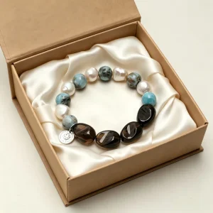 Natural Healing Stone Beaded Bracelet with Aquamarine, Smoky Quartz, Pearl, Unisex Silk-Lined Gift Box