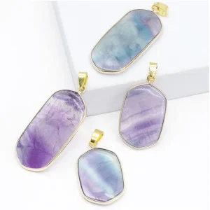 Natural Healing Stones Colorful Fluorite Copper Edging Pendants and Charms for Jewelry Making Energy Pendant Crystal Crafts