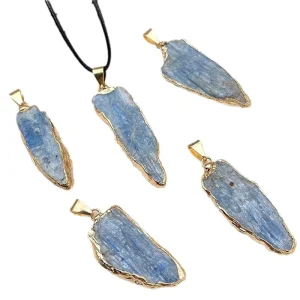 Natural Kyanite Irregular Blue Crystal and Rhinestone Electroplated Pendant Necklace
