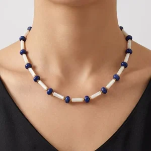 Natural Lapis Lazuli and Shell Beaded Necklace, Waterproof 18K Gold Stainless Steel