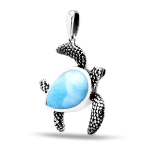 Natural Larimar Fine Jewelry 925 Sterling Silver Hawaii Style Larimar Gemstone Turtle Pendant