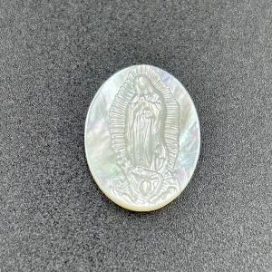 Natural Mother of Pearl Cameo, Our Lady of Guadalupe Carved Cabochon, Round Shell Inlay for Religious Jewelry Making