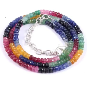 Natural Multicolor Faceted Gemstone Bead Necklace and Stackable Bracelet with Sapphire, Ruby, and Emerald