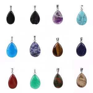 Natural Quartz Crystal Teardrop Pendant Necklace Stainless Steel Buckle Multicolor Water Drop Pendant
