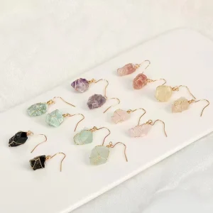 Natural Raw Amethyst and Rose Quartz Crystal Dangle Earrings, Gold Wire Wrapped