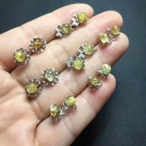 Natural Raw Golden Rutilated Quartz Crystal 925 Sterling Silver Earrings for Women