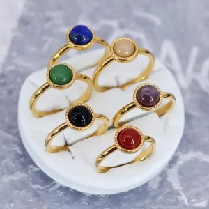 Natural Red Agate, Pink Crystal, Amethyst and Jade Stainless Steel Ring, 18K Gold-Plated