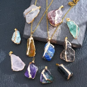 Natural Rose Quartz Asymmetrical Raw Stone Pendant with Electroplated Gilt Finish