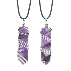 Natural Semi-Precious Gemstone Crystal Alloy Wire-Wrapped Hexagonal Point Pendant