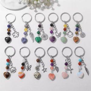Natural Seven Chakra Heart Crystal Stone Keychain, Gemstone Pendant Key Ring for Women and Men