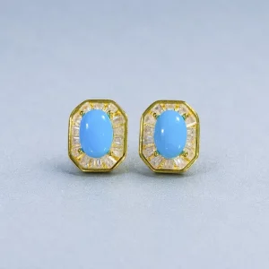 Natural Sterling Silver Stud Earrings with Sky Blue Turquoise Birthstone