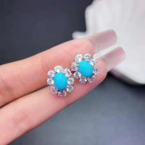 Natural Sterling Silver Stud Earrings with Sky Blue Turquoise for Women