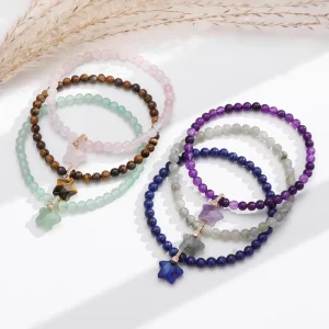 Natural Stone Crystal 4mm Tiger Eye Aquamarine Amethyst Beaded Bracelet Friend Gift Elastic Rope Star Bracelet for Women