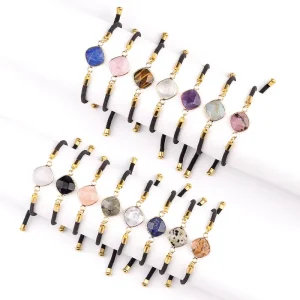 Natural Stone Crystal Square Faceted Edge Plated Double Buckle Adjustable Bracelet