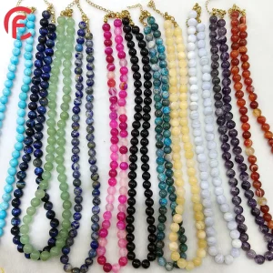Natural Stone Crystal Tiger Eye Amethyst Agate Round Bead Necklace with Stainless Steel