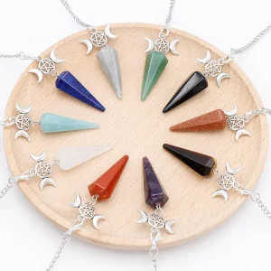 Natural Stone Crystal Yoga Hexagonal Cone Pendulum Gemstone Pendant for Meditation Healing With Silver Alloy